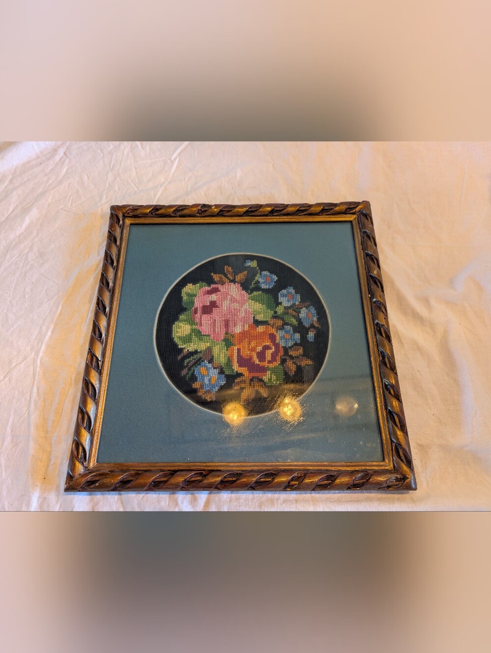 2/80$ Vintage Floral Cross-Stitch Wall Art - Pink, Orange, Blue, Green - Picture 2 of 5